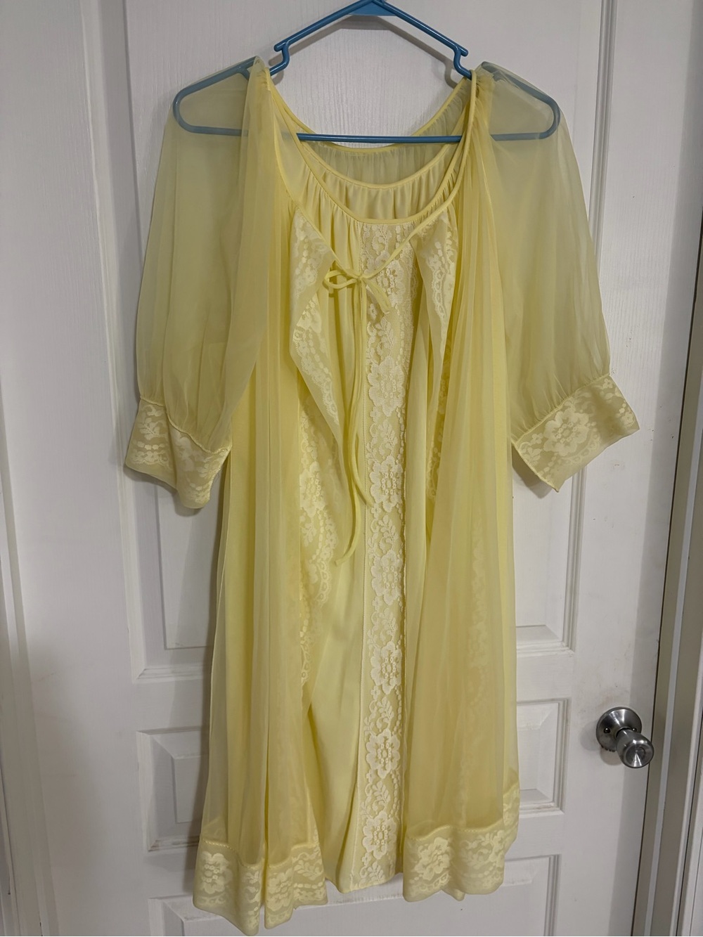 Vintage Sheer Lace-Trim Yellow Peignoir Set - Women Intimates & Sleepwear